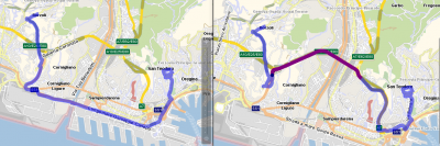 On the left side: a route that avoids the critical segments by applying the PTV_TruckAttributes layer<br />On the right side: a route that uses critical segments and raises violations.