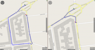 Mercator<br />Start = 936611,95 // 6269768,08<br />Dest = 936620 // 6269686<br />Both waypoints linked via AUTO_LINKING<br />The left track performs a large detour just to avoid the UTURN manoeuvre.<br />In the right track the UTURN is possible (it's price was set to 0) and the overall distance is shorter